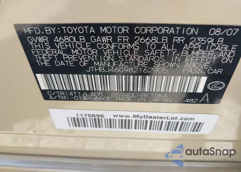 2008 Lexus Es 350 from USA, damaged, VIN JTHBJ46G982162905